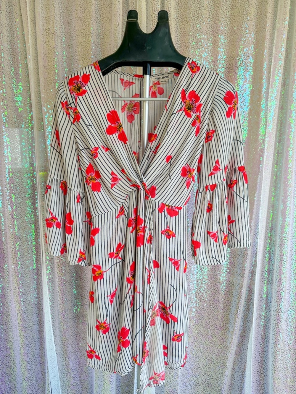 Billabong Black-and-White Striped Dress with Red Floral Print
